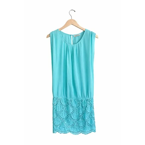Arden B Turquoise Blue Sequin Scallop Mini Dress Sleeveless Drop Waist - Picture 1 of 5